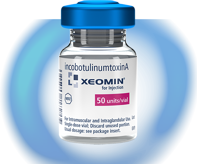 A bottle of XEOMIN; indicated for pediatric chronic sialorrhea, upper limb spasticity, cervical dystonia, and blepharospasm